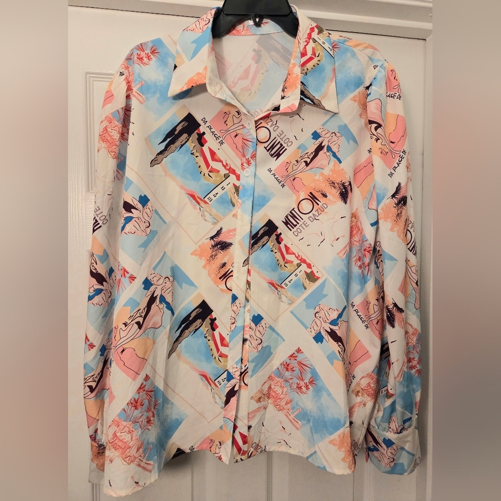 Zeagoo Women's Graphic Print Blouse - Blue and Pink